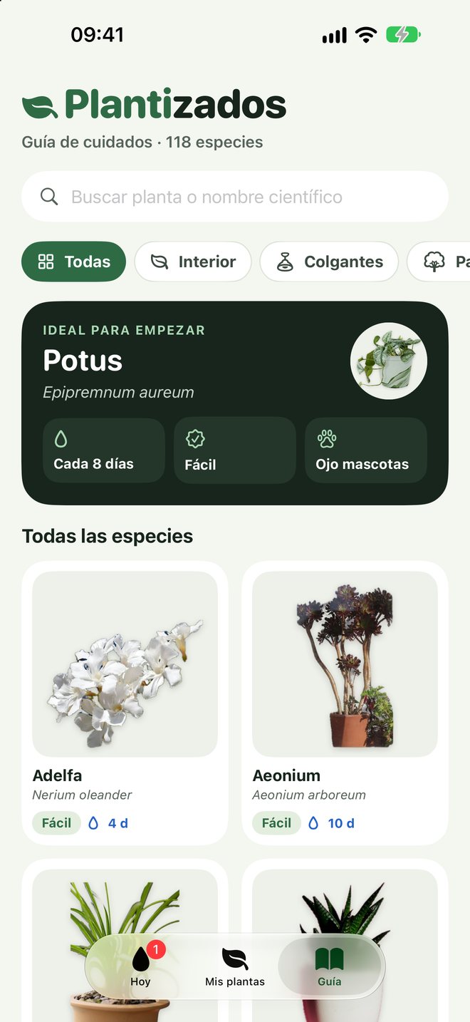 Pantalla Guía de cuidados con especies por categoría